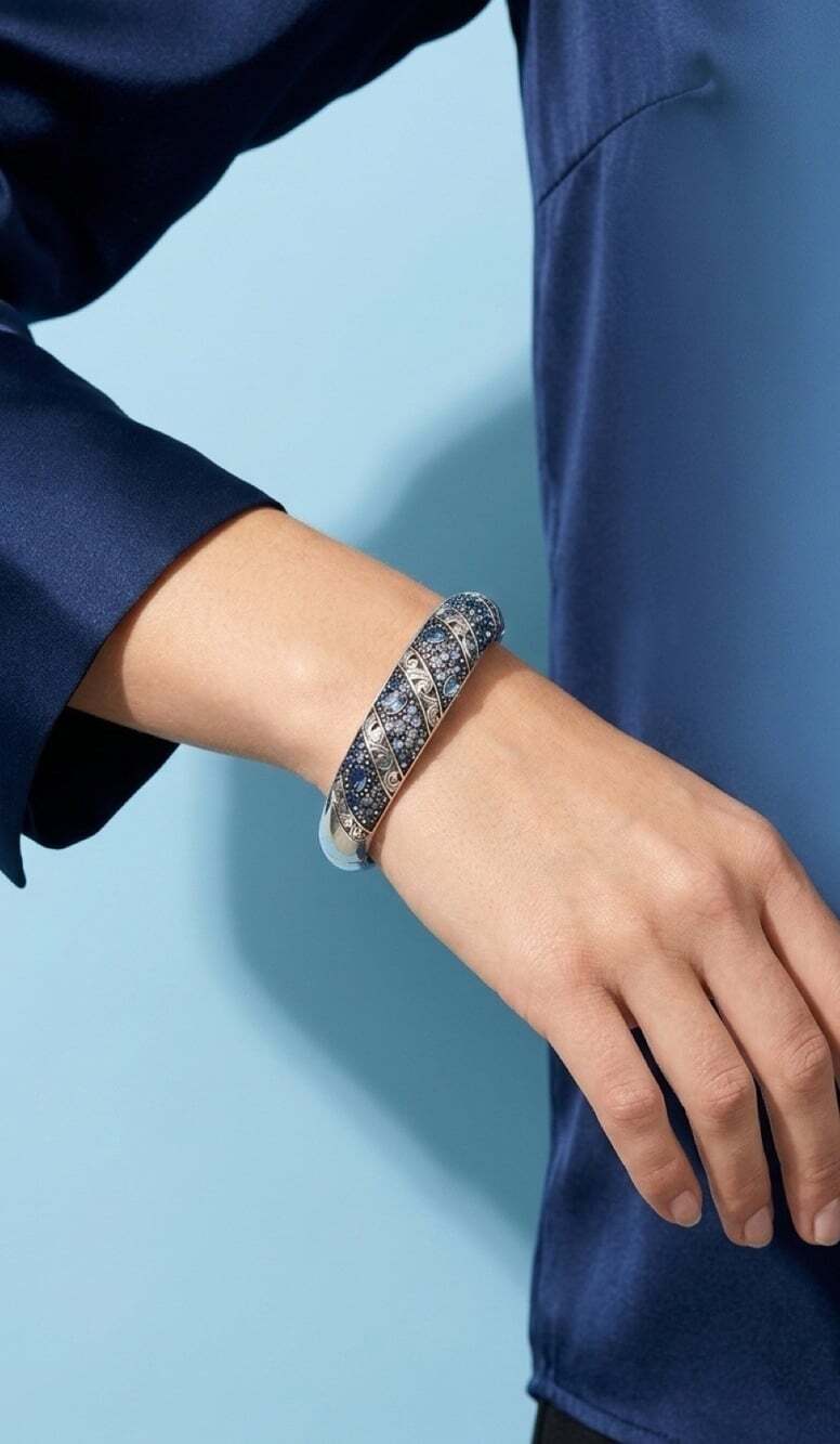 Brighton Crystal Voyage Blue & Silver Bangle Bracelet Signed Magnetic Hinged 7"